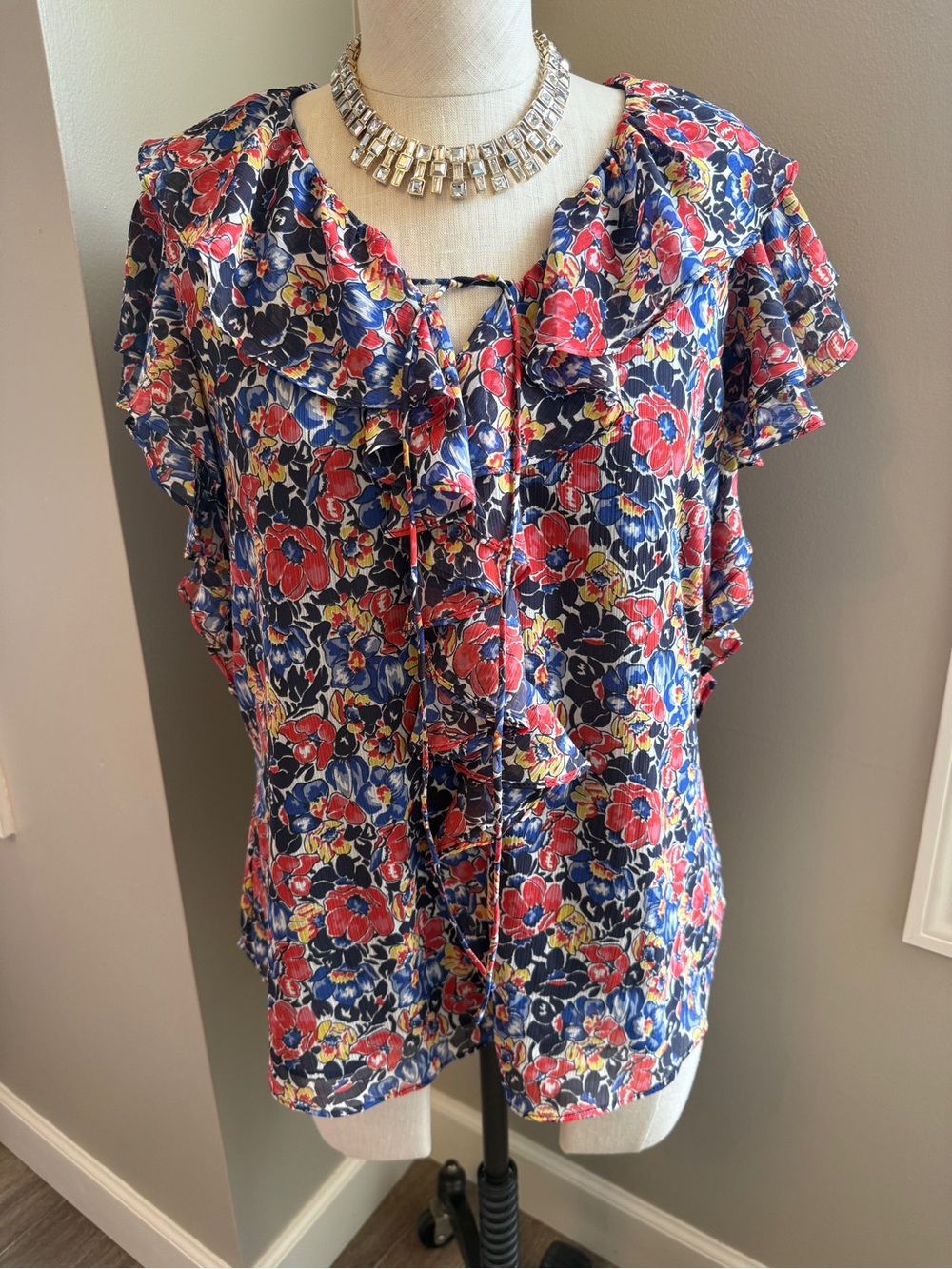 Lauren Ralph Lauren Navy Floral Ruffle V-Neck Blouse w/Tie Neck